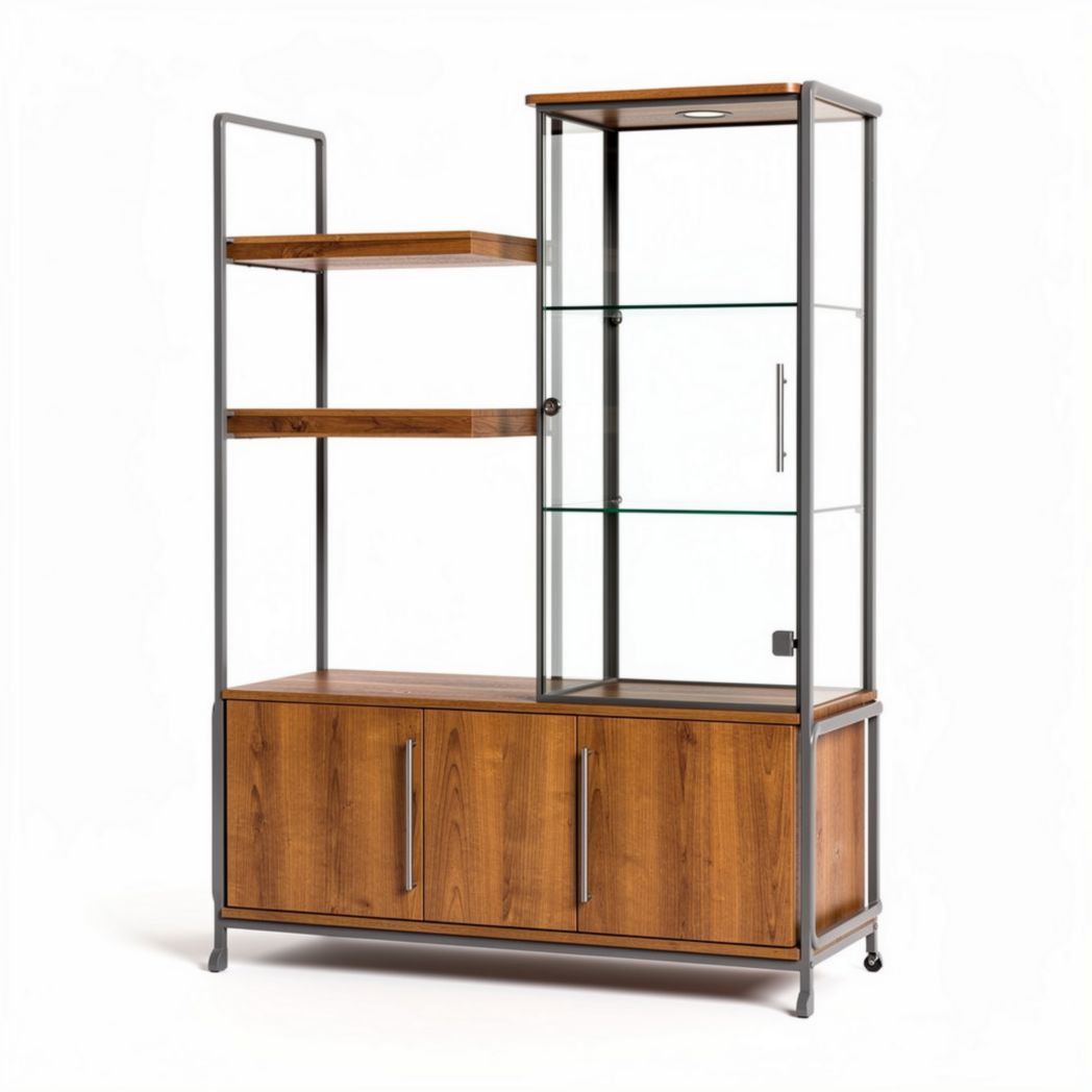 Glass display cabinet with wood shelves and storage in brown and gray 90 x 40 x 180cm