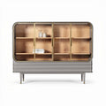 Glass display cabinet with wooden shelves and metal accents 150 x 40 x 120cm