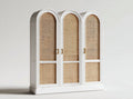 Rattan and wood storage cabinet with double doors and natural finish
