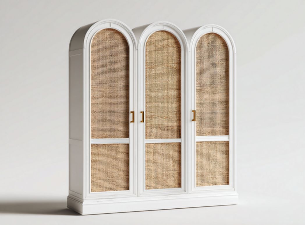 Rattan and wood storage cabinet with double doors and natural finish