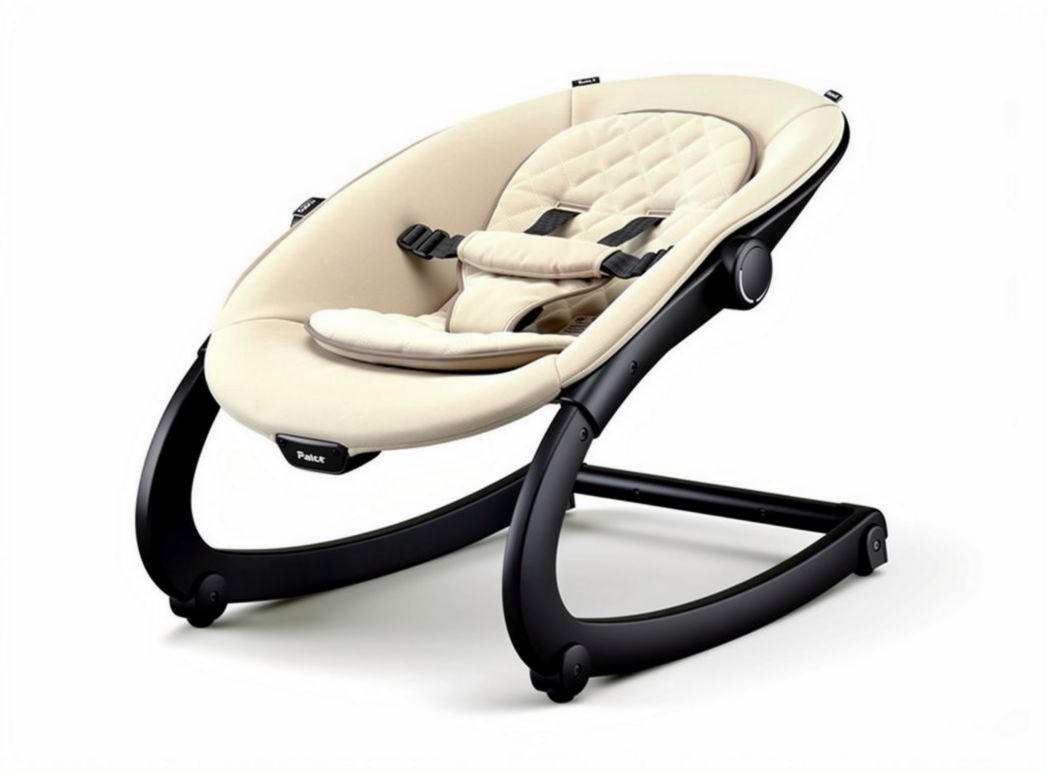 Baby bouncer with soft fabric seat and ergonomic design in beige color