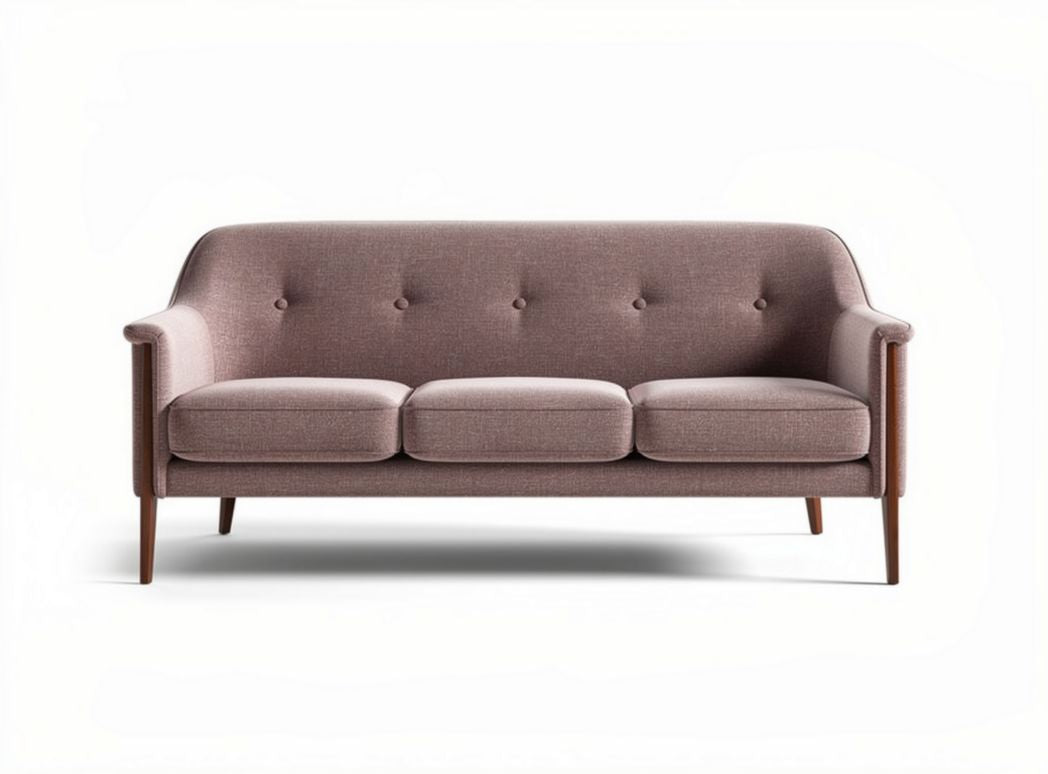 Mid-century modern three-seater sofa in pink fabric with wooden legs 190 x 90 x 85cm
