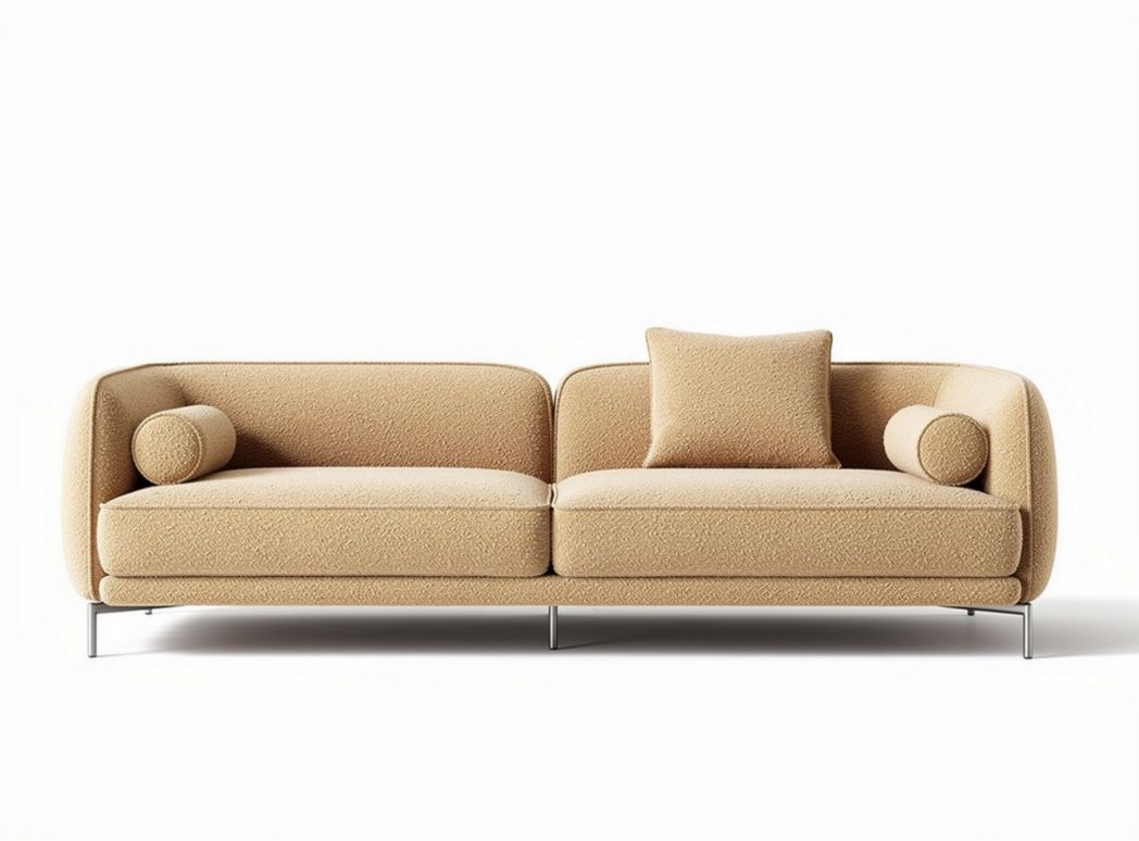 Contemporary beige fabric sofa with removable cushions and chrome legs